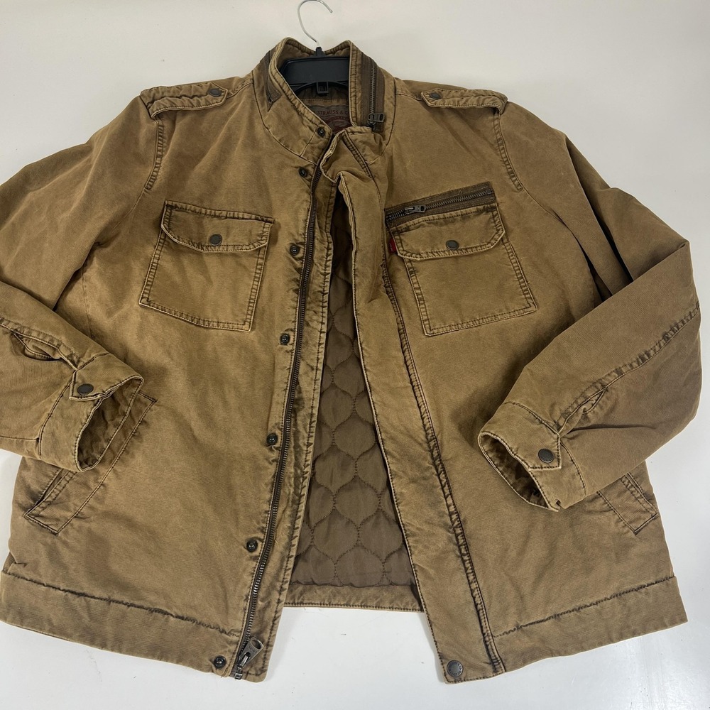 Levis Jacket Mens L Brown Canvas Quilted Lined Military Chore‎ Full Zip Field